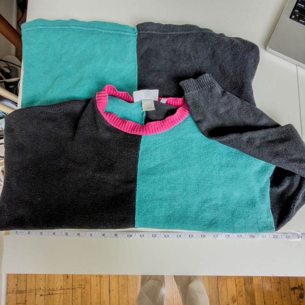 Eclectic Vintage 80's Teal Abstract Retro Cotton Colorblock Sweater Dress Size S - Picture 4 of 6